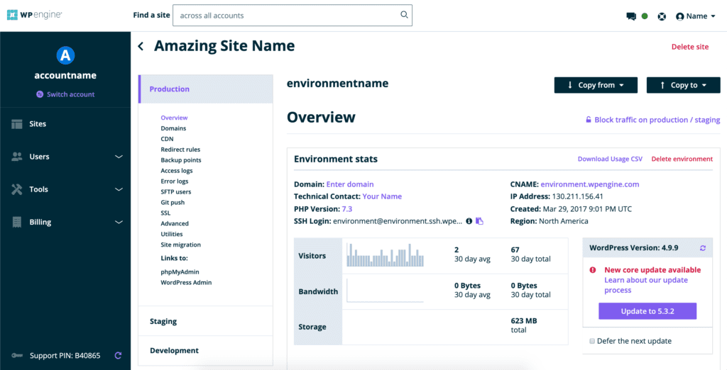 WP Engine dashboard