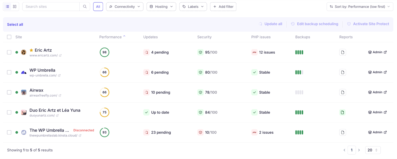Inside WP Umbrella's main dashboard