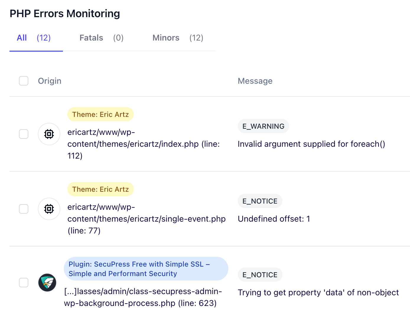 Every PHP error across every site, in one view