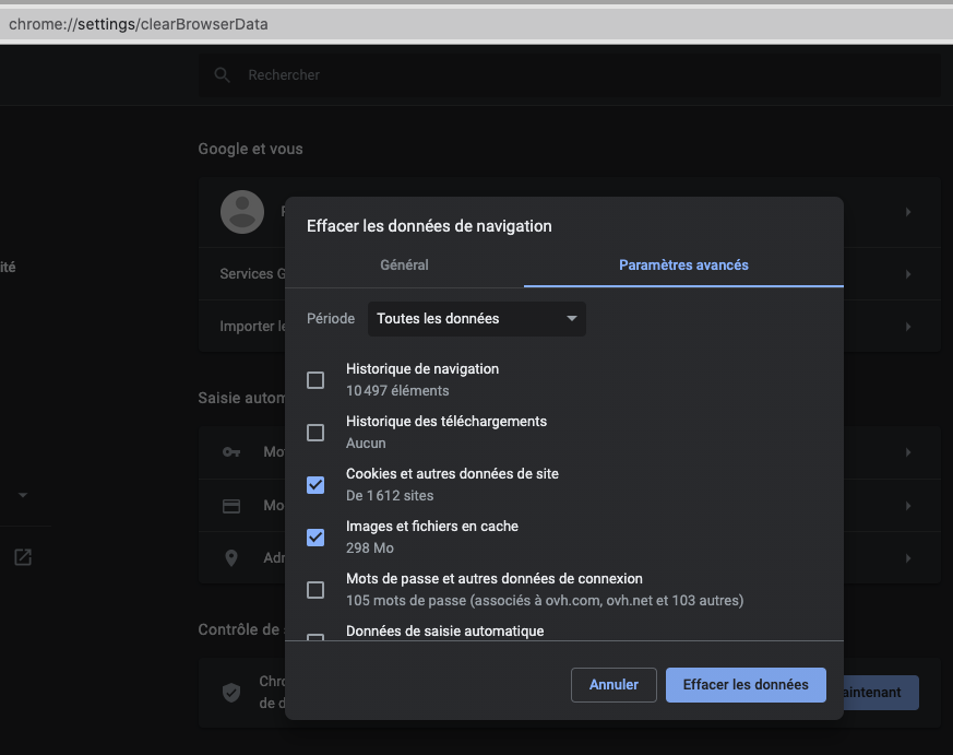 Effacer le cache de Google chrome