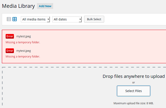 missing temporary folder error in WordPress