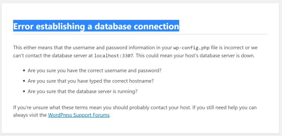 Error establishing a database connection message from WordPress