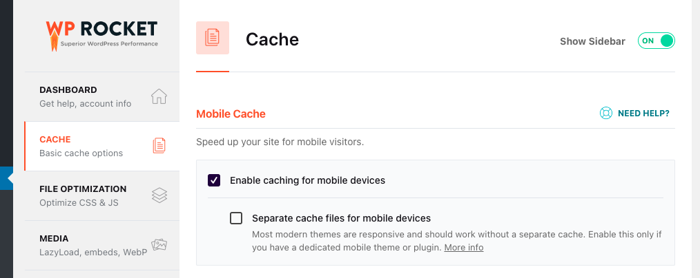 Options de base du cache de WP Rocket