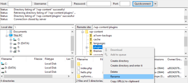 deactivating plugins with Filezilla