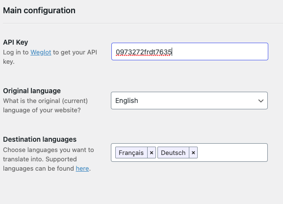 main configuration weglot