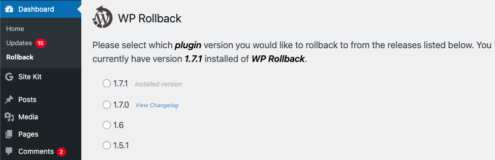 WP Rollback dashboard