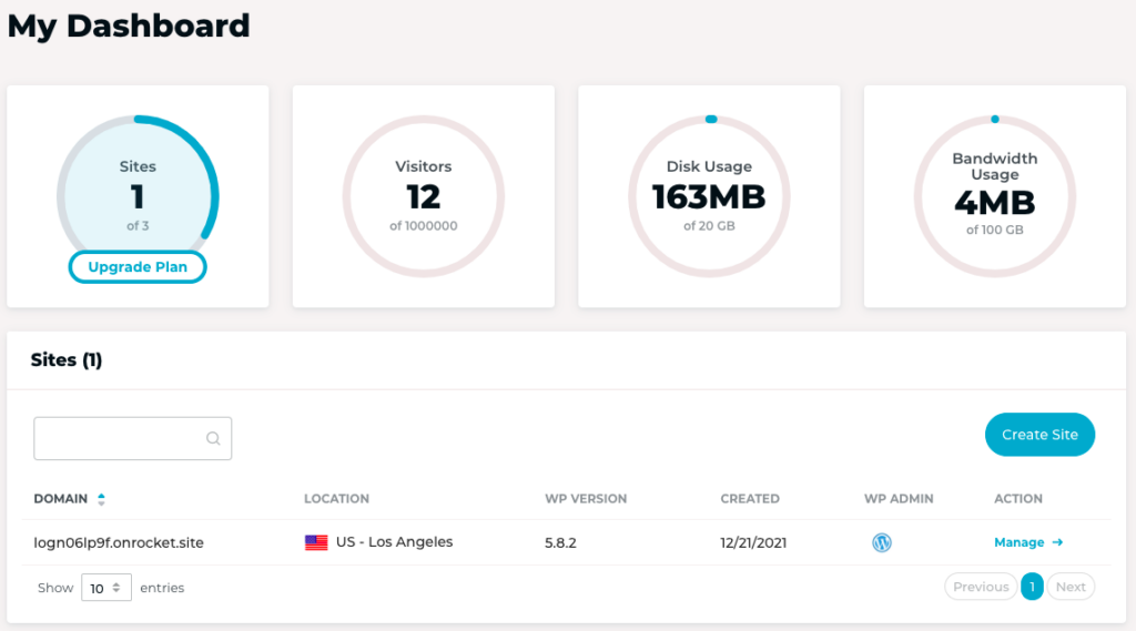 Rocket.net's dashboard