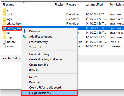 modification des permissions de fichiers dans filezilla