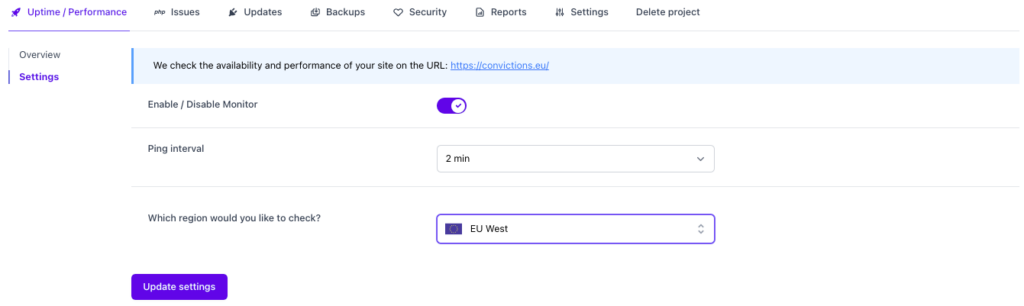 uptime monitoring settings