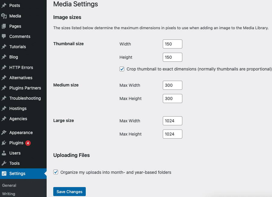 WordPress Media Settings