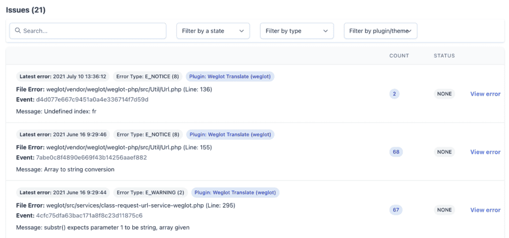 PHP errors monitoring on WP Umbrella