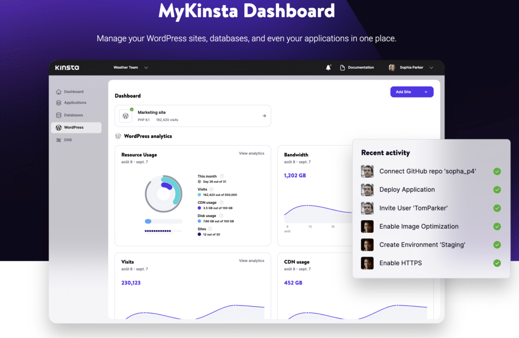 Management dashboard from Kinsta