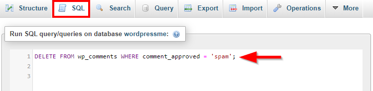 Alt text: Executing an SQL query to remove spam comments on phpMyAdmin.