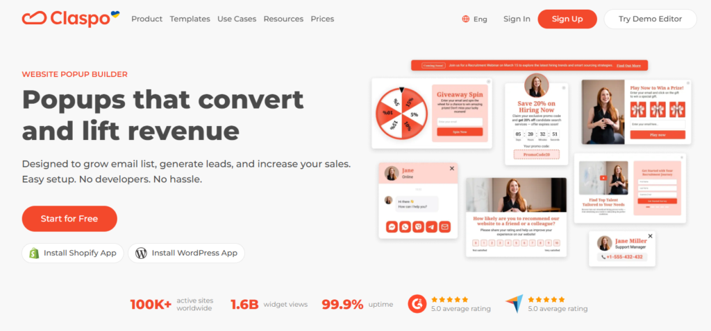 Claspo home page screenshot