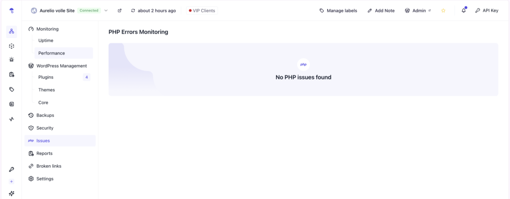 WP Umbrella , der keine PHP-Fehler anzeigt. Wichtiger Bestandteil der WordPress-Wartungscheckliste