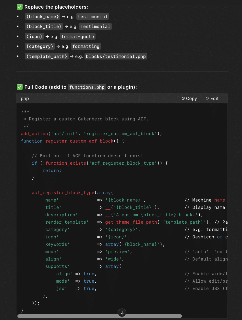 Output of AI Prompts for WordPress Developers