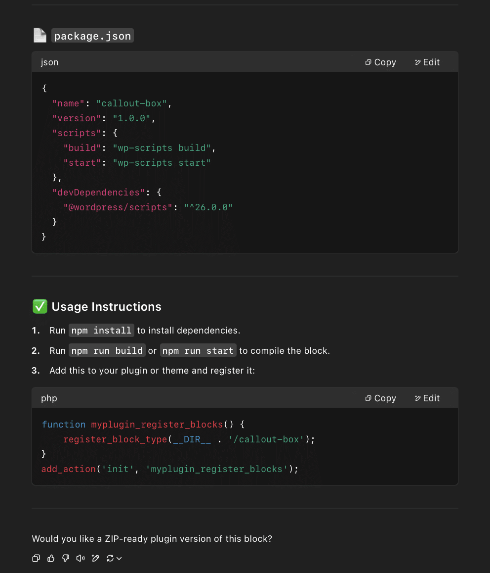 Output of AI Prompts for WordPress Developers