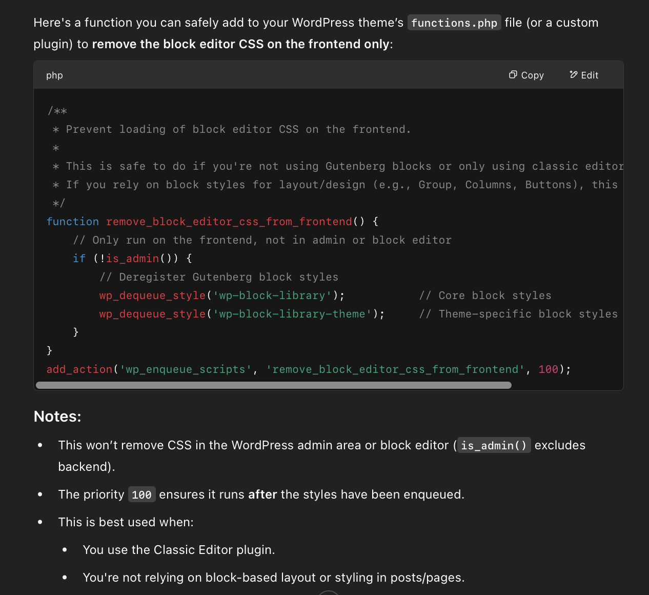 Output of AI Prompt for WordPress Developers
