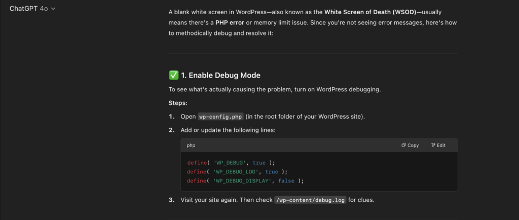 AI prompt for troubleshooting + Output