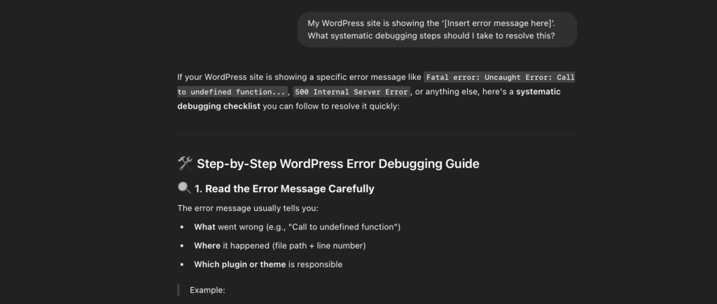 AI prompt for troubleshooting + Output
