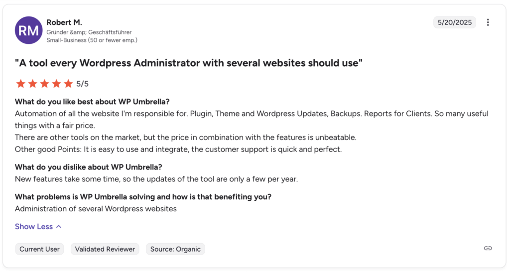 WP Umbrella client testimonial