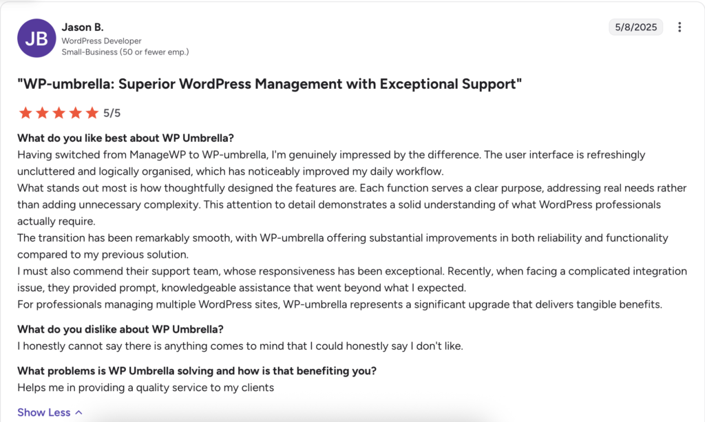 WP Umbrella review that explains why it's the best tool to manage WordPress maintenance.