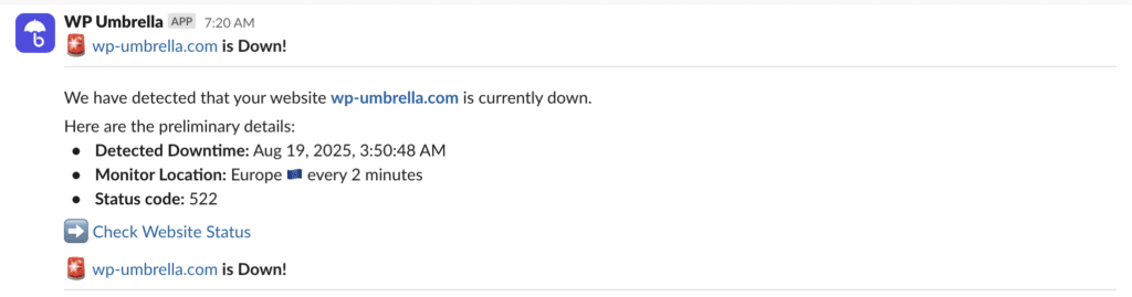 WP Umbrella alert when website's down