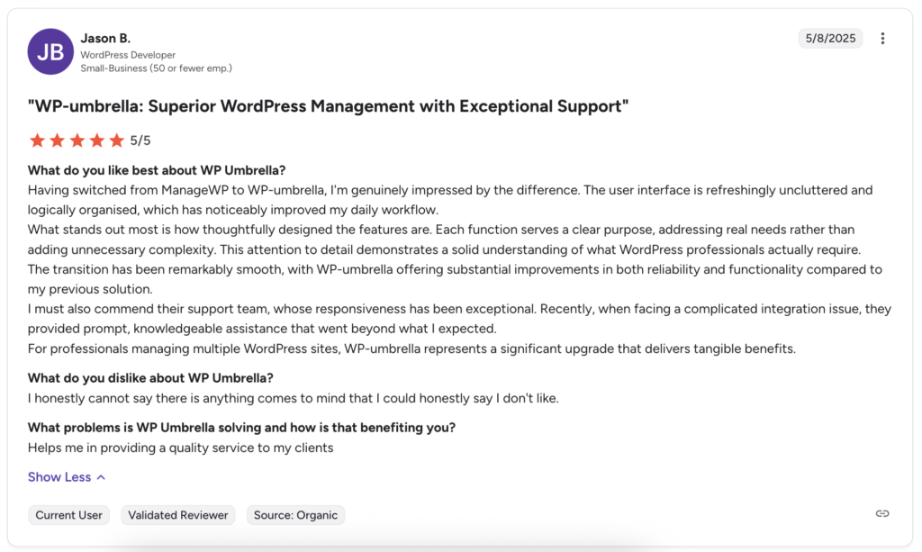 WordPress Workflow Automation: G2 review of WP Umbrella