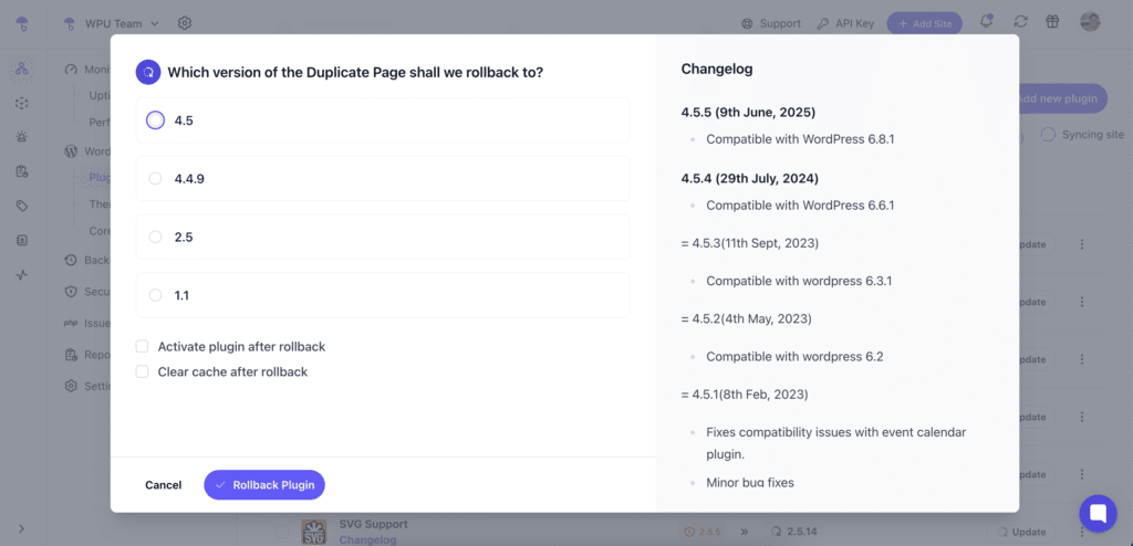 Wordpress plugin rollback with WP Umbrella