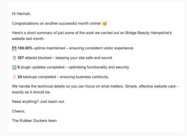Screenshot of client reports email from WP Umbrella