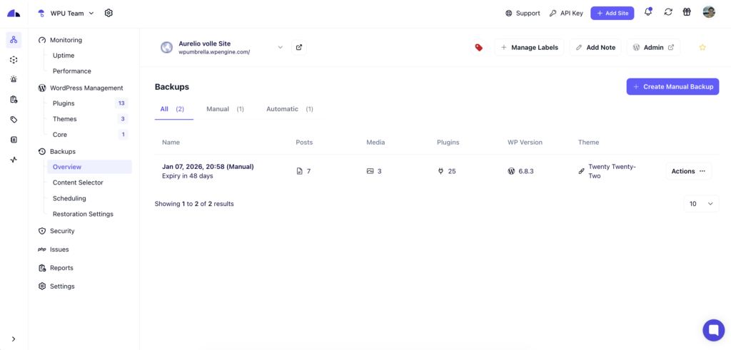 backup and restoration in WP Umbrella