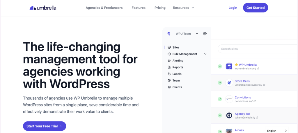 Reliable WordPress infrastructure: WP Umbrella. The screenshot of WP Umbrella's homepage