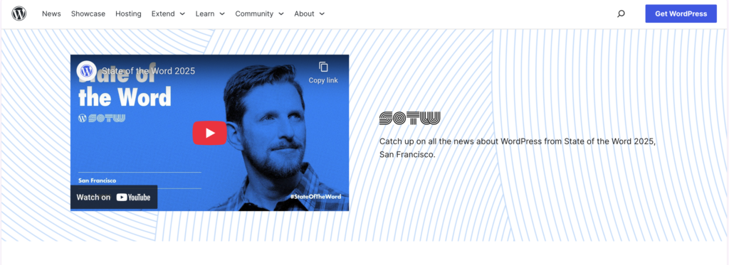 WordPress infrastructure is fragmented. Screenshot of WordPress homepage