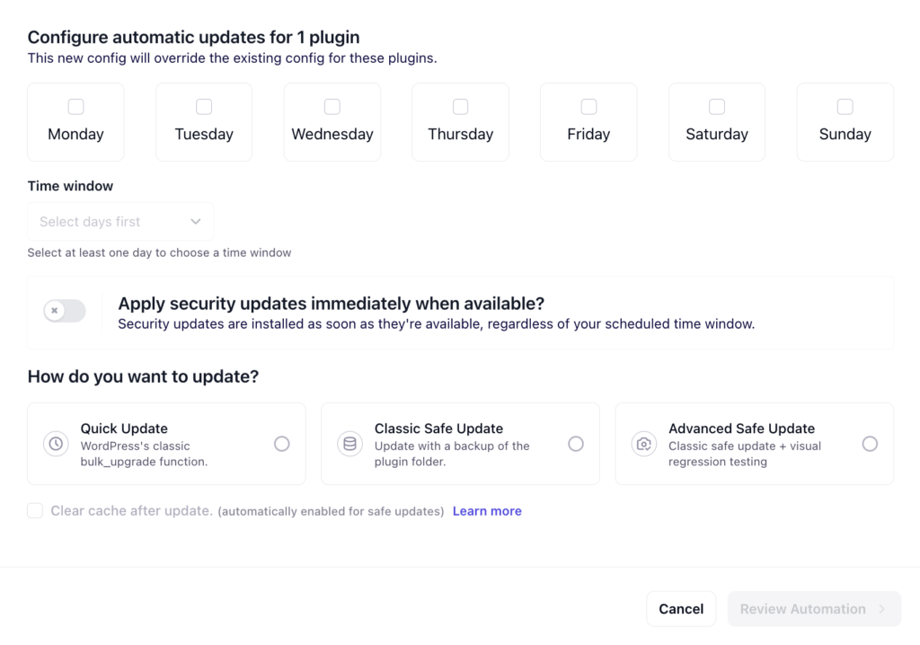 Automated update settings page