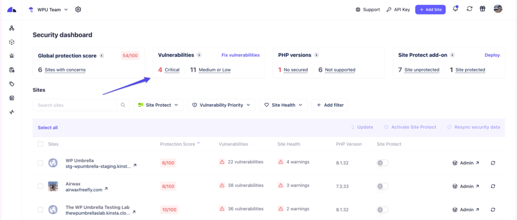 The bulk security management dashboard showcasing vulnerabilities section