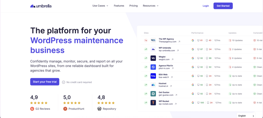 WP Umbrella home page screenshot: Manage Multiple WordPress Sites
