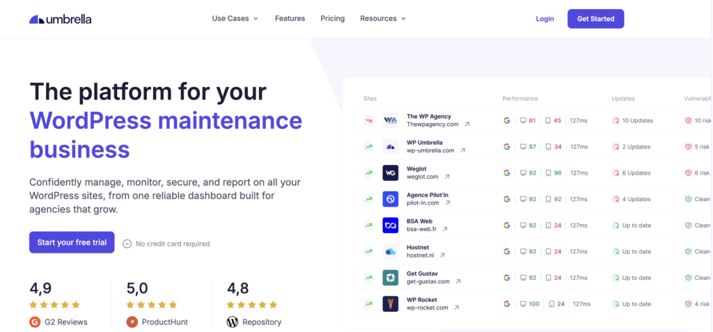 WP Umbrella homepage screenshot used in secure WordPress hosting blog