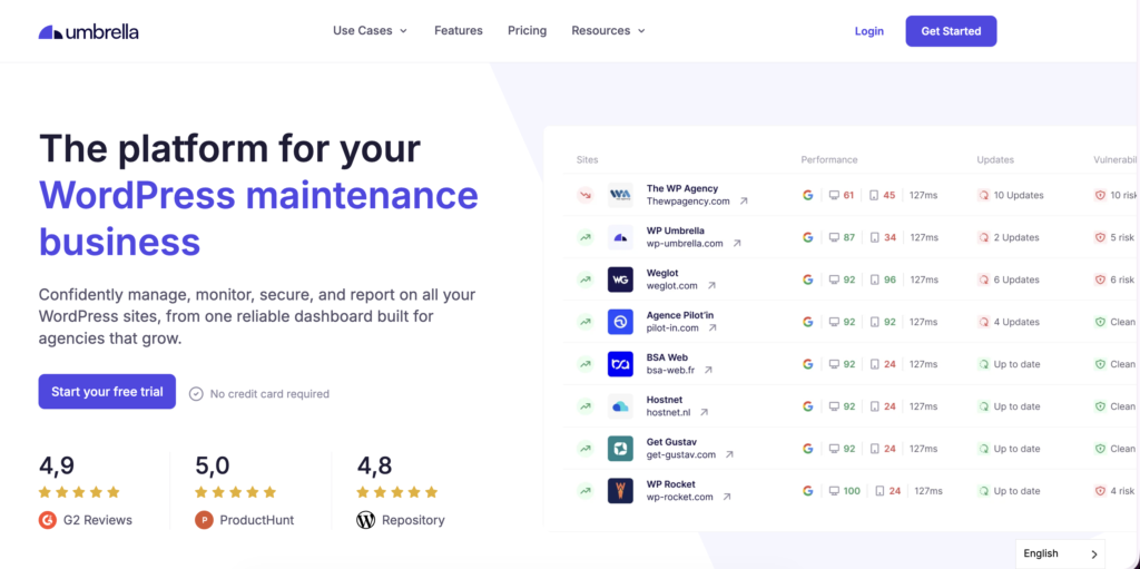 How to manage Multiple WordPress Sites With WP Umbrella - WP Umbrella home page screenshot