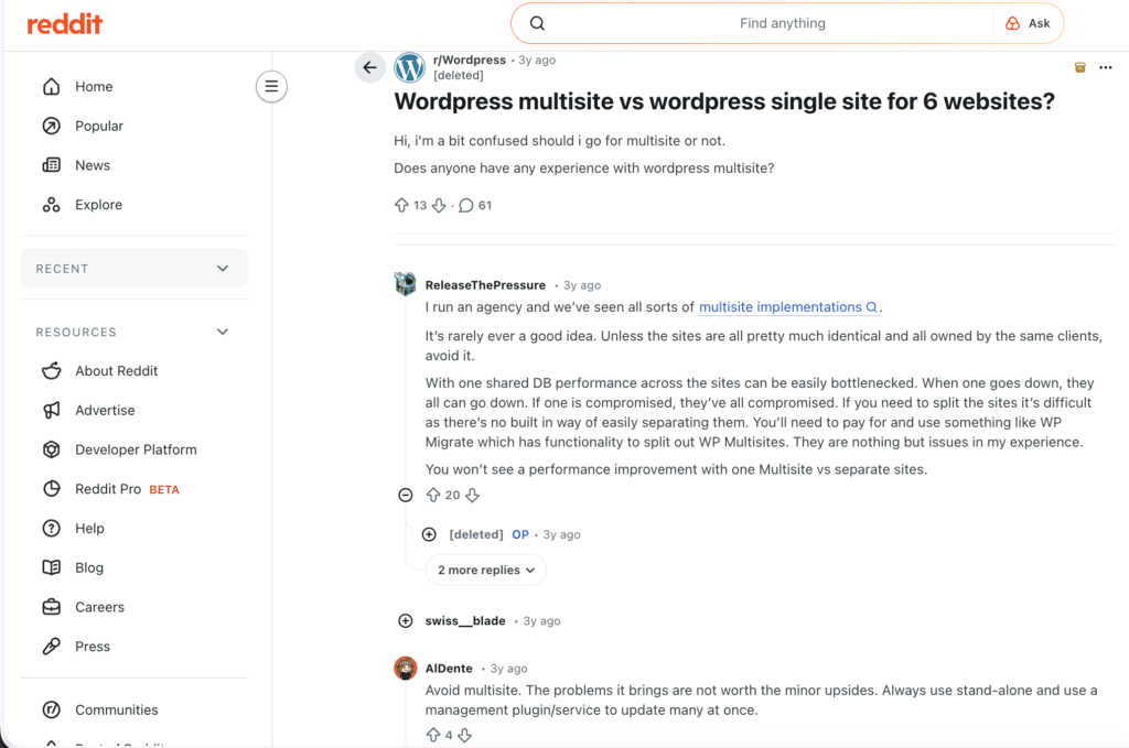 Screenshot of Reddit thread on WordPress Multisite vs. separate installs