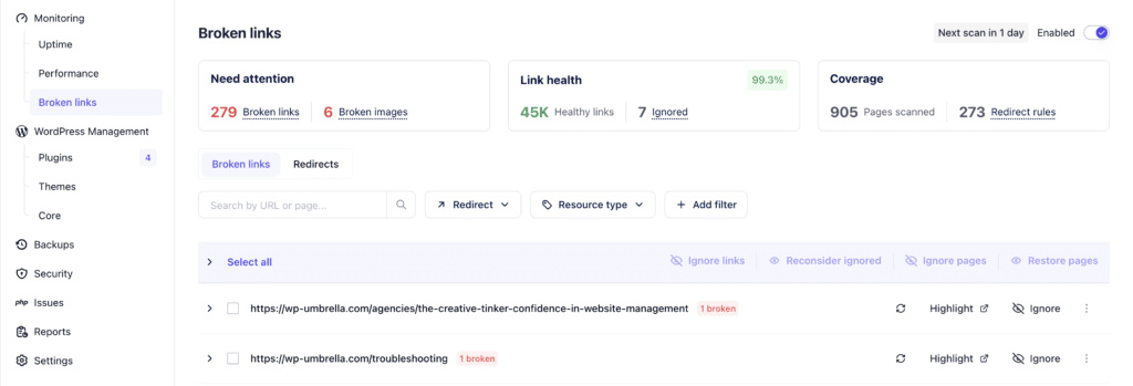 WP Umbrella broken link checker
