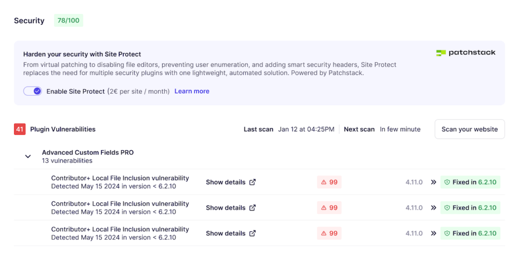 Screenshot of security and vulnerability monitoring of WP Umbrella