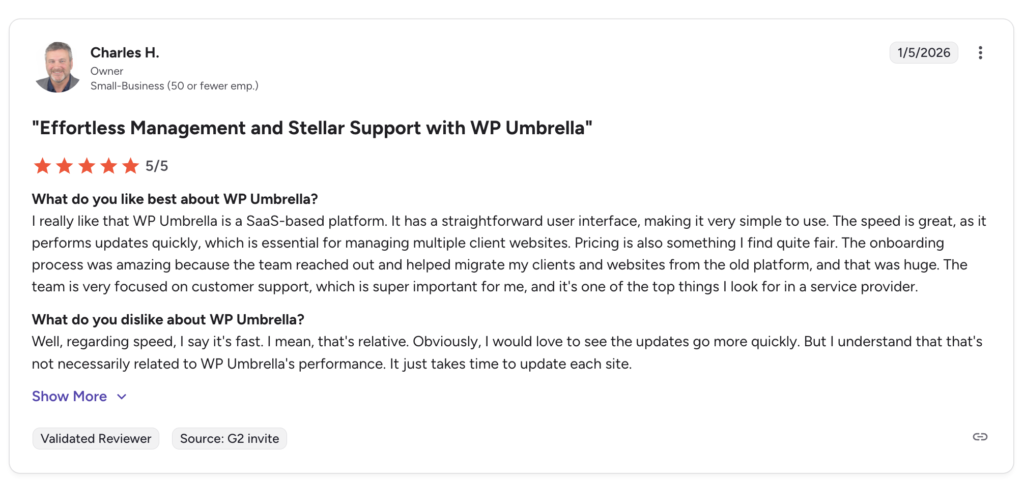 G2 review of WP Umbrella 