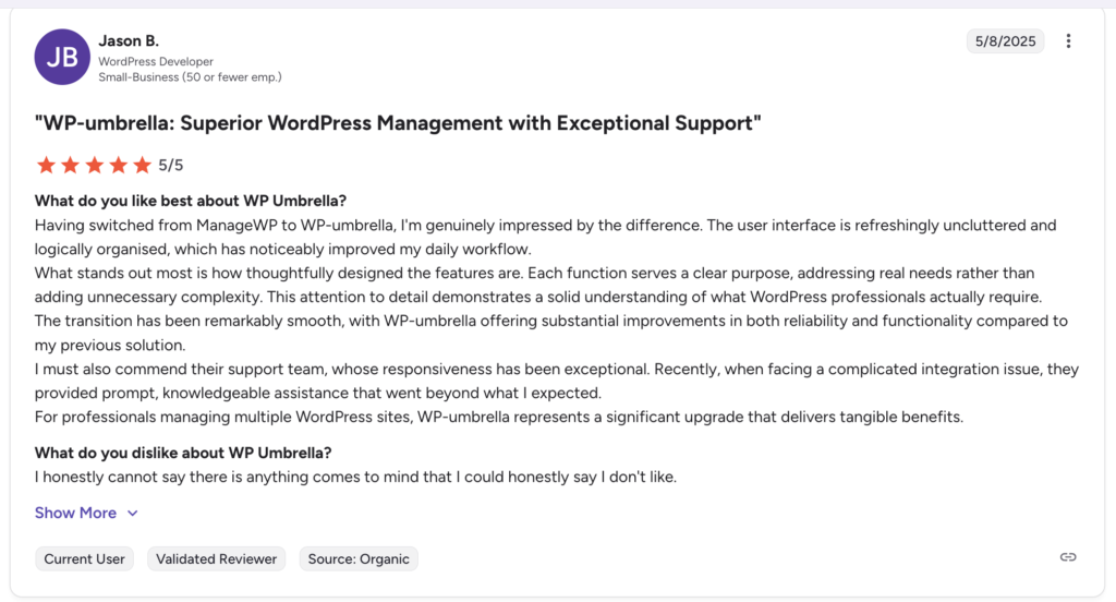 G2 review of WP Umbrella 